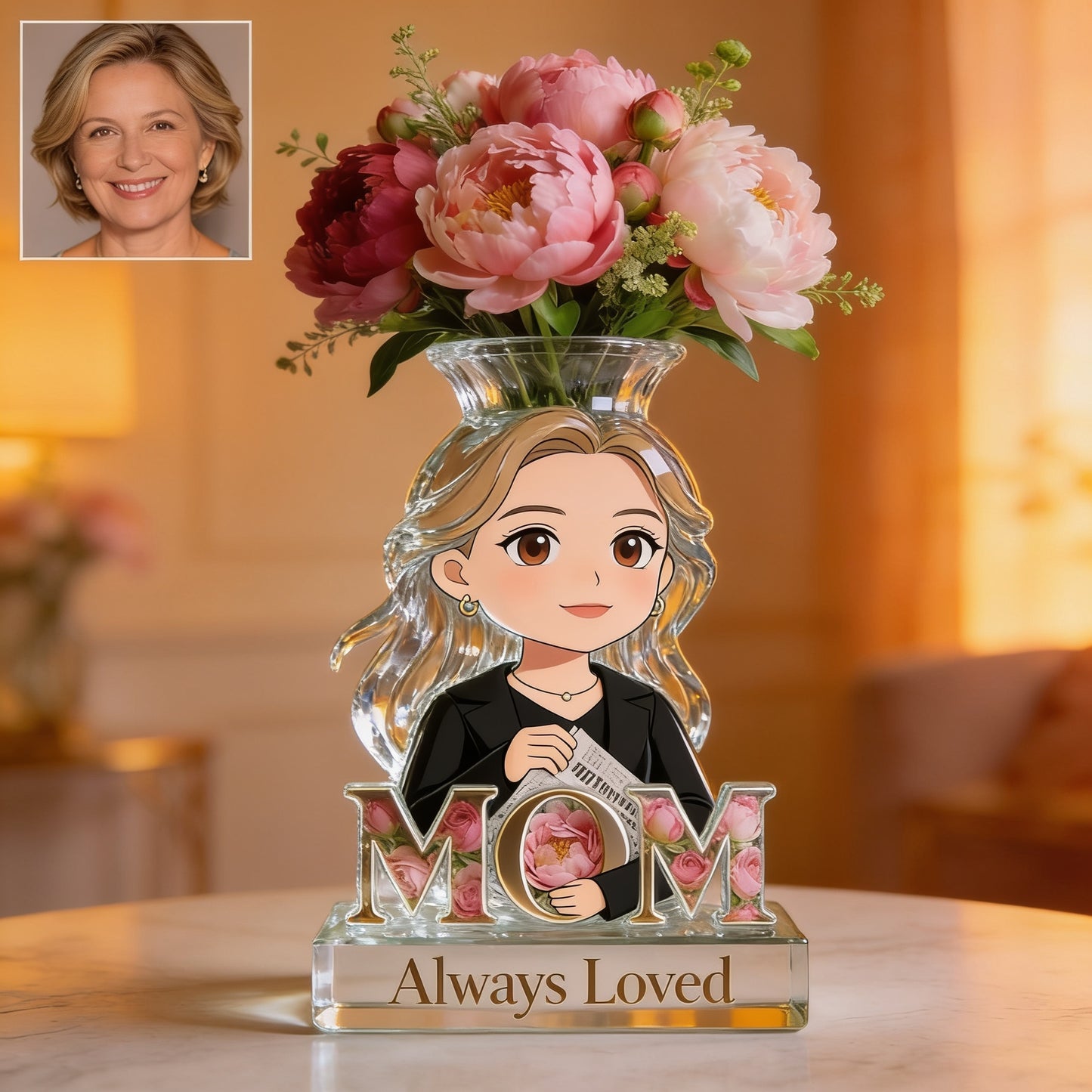 Mom Grandma Flower Blossom - Personalized Asian Woman with Long Black Hair Acrylic Pot