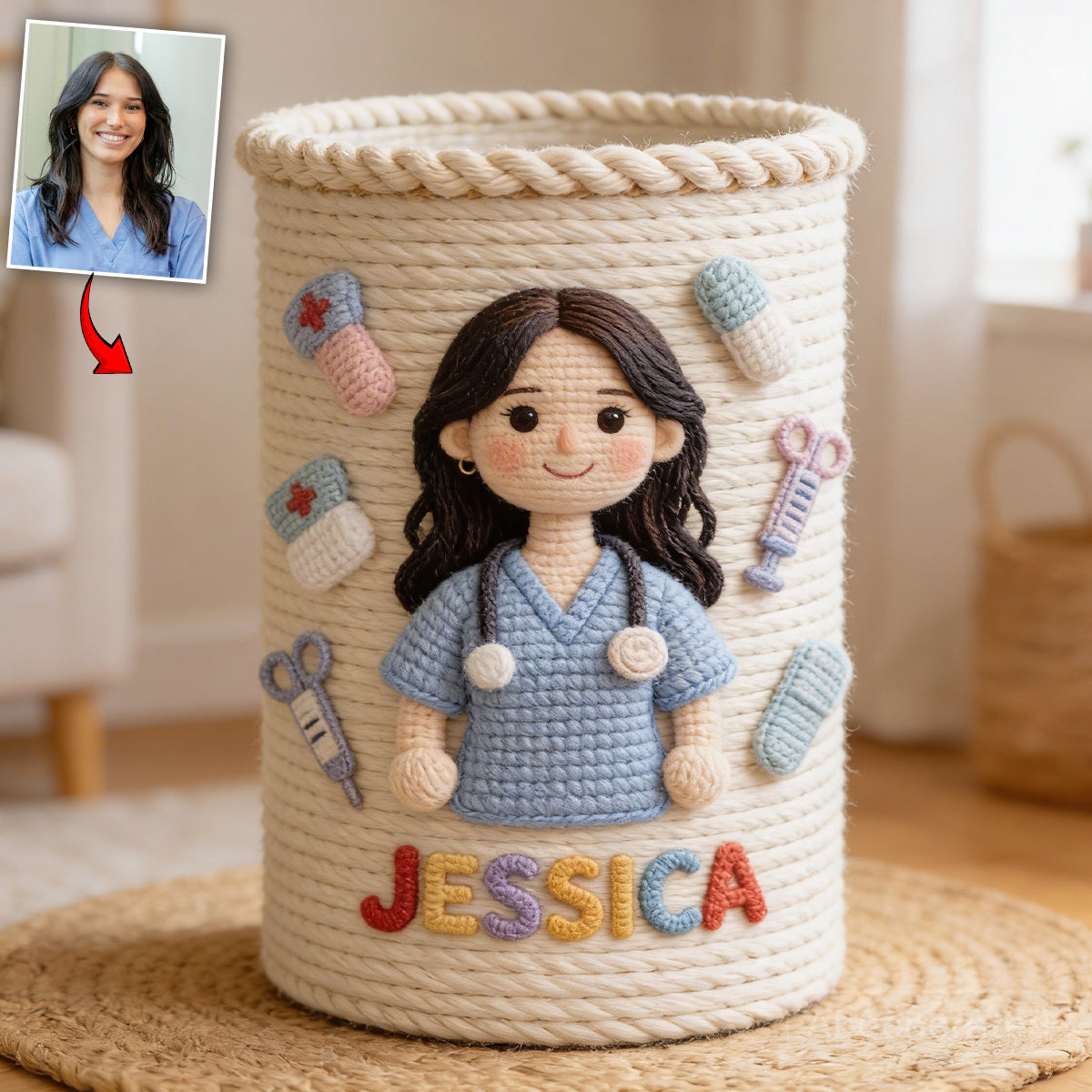 Any Photo Any Theme - Personalized Asian Female Nurse with Long Black Hair Storage Basket