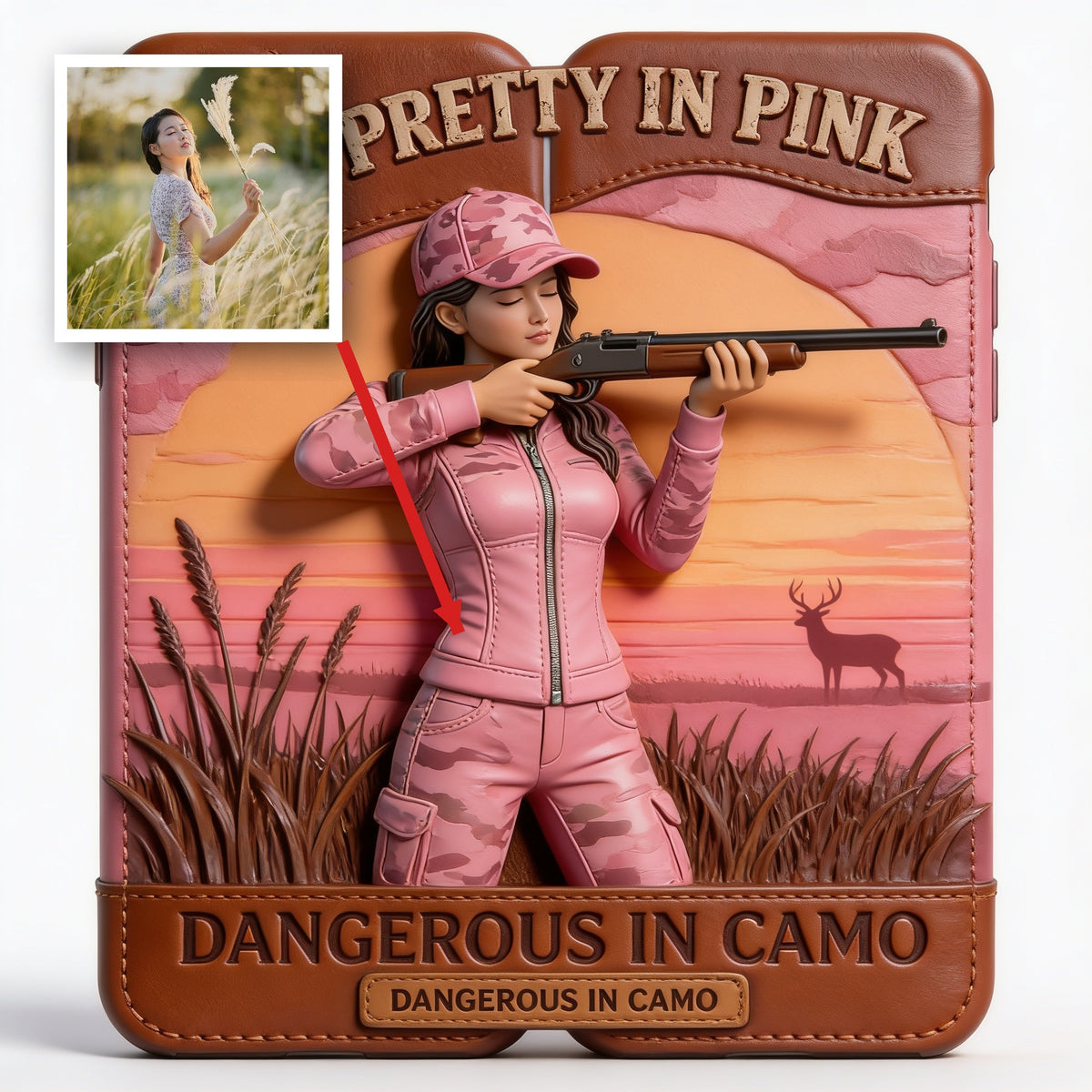 Custom Any Photo Dangerous In Camo - Personalized Hunting Leather Phone Case