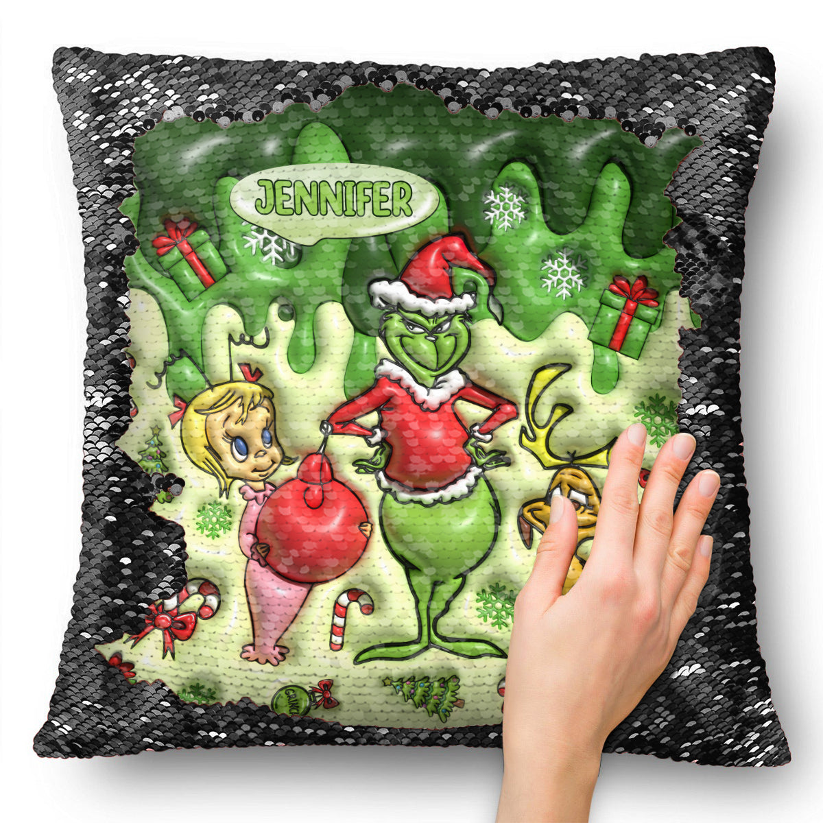 Joyeux Noël Green Mischief - Housse de coussin personnalisée à sequins en forme d'étole de Noël
