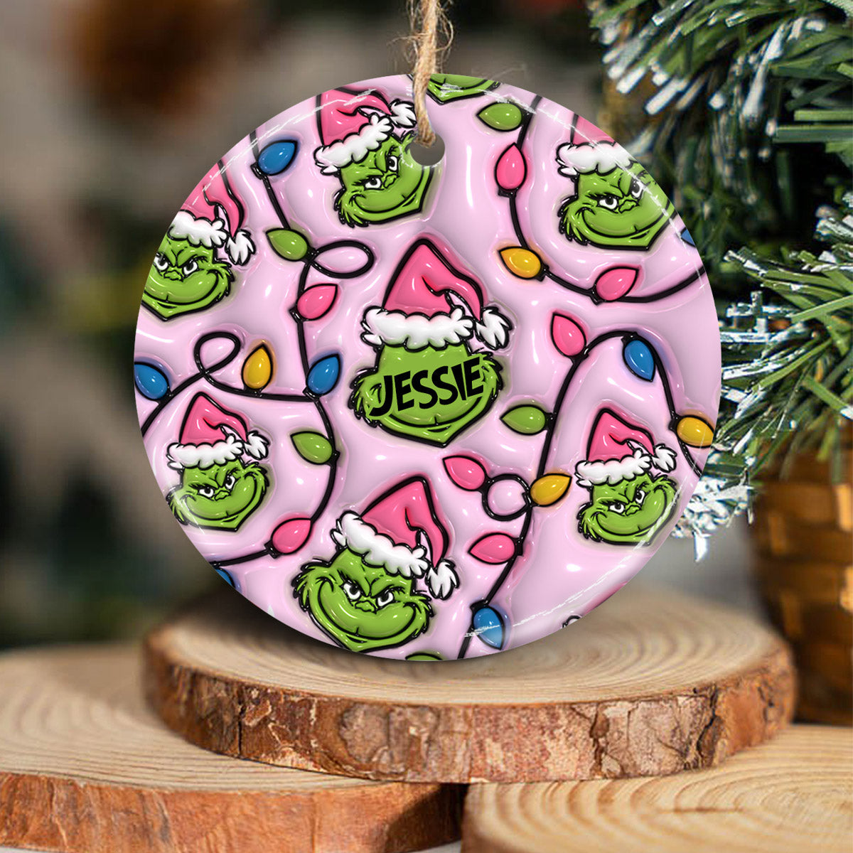 Vert et rose - Ornement rond en céramique personnalisé pour Noël - Étole