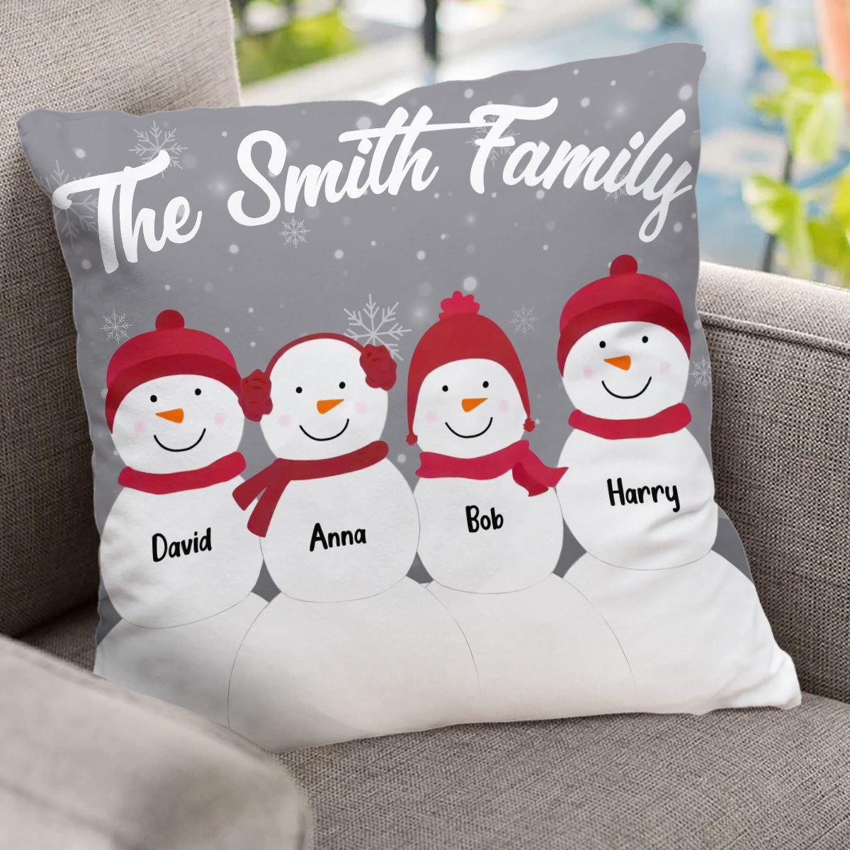 Coussin décoratif personnalisé « Famille Bonhomme de neige »