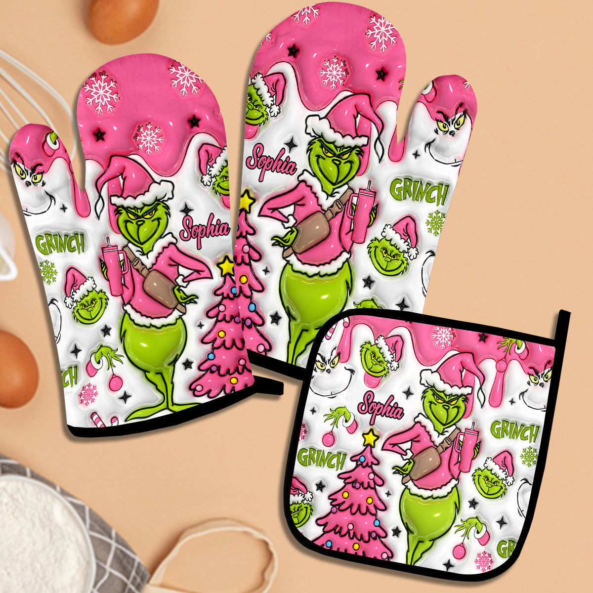 Joyeux Grinchmas ! Ensemble de gants de cuisine et maniques personnalisés avec étole de Noël