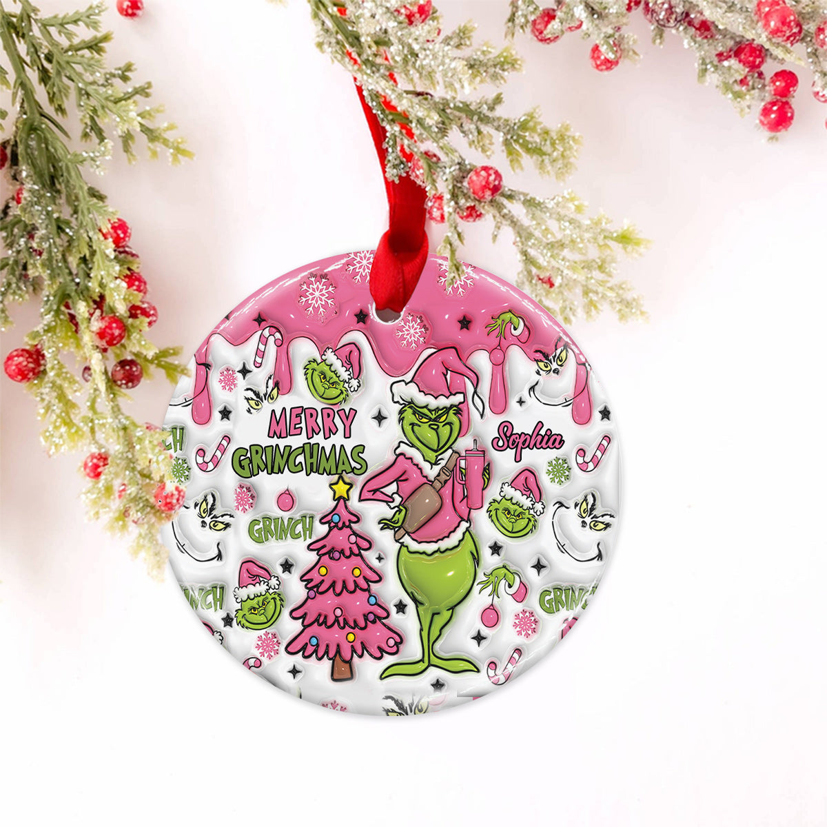 Merry Grinchmas - Personalized Stole Christmas Ceramic Circle Ornament