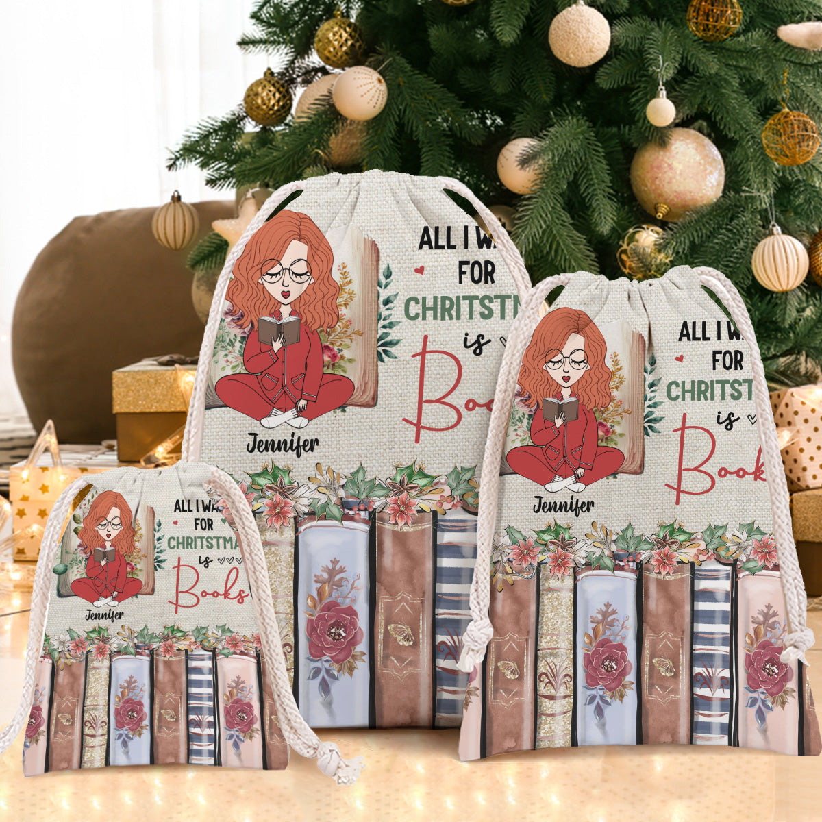 Tout ce que je veux pour Noël, ce sont des livres - Sac fourre-tout à cordon personnalisé avec des livres