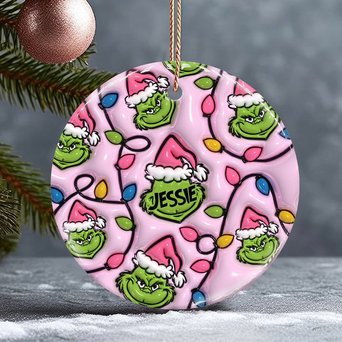 Vert et rose - Ornement rond en céramique personnalisé pour Noël - Étole