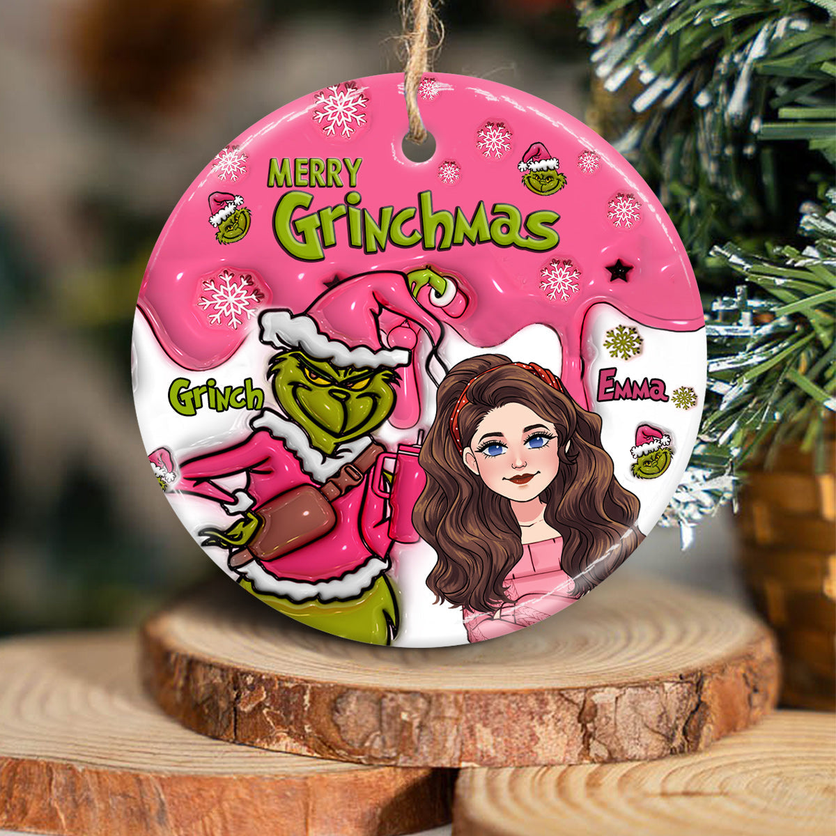 Merry Grinchmas - Personalized Stole Christmas Ceramic Circle Ornament