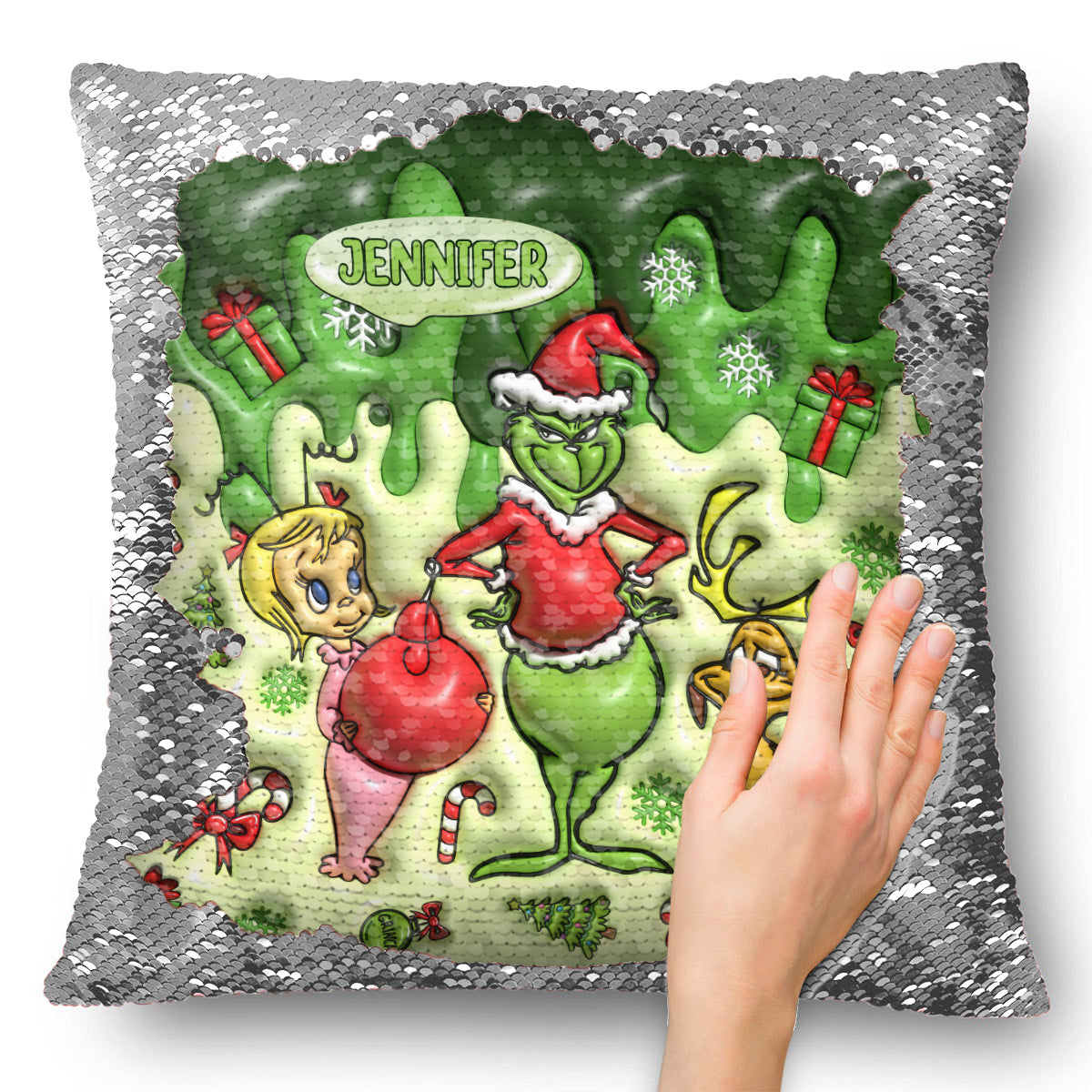 Joyeux Noël Green Mischief - Housse de coussin personnalisée à sequins en forme d'étole de Noël