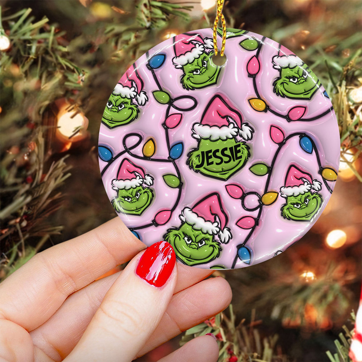 Vert et rose - Ornement rond en céramique personnalisé pour Noël - Étole
