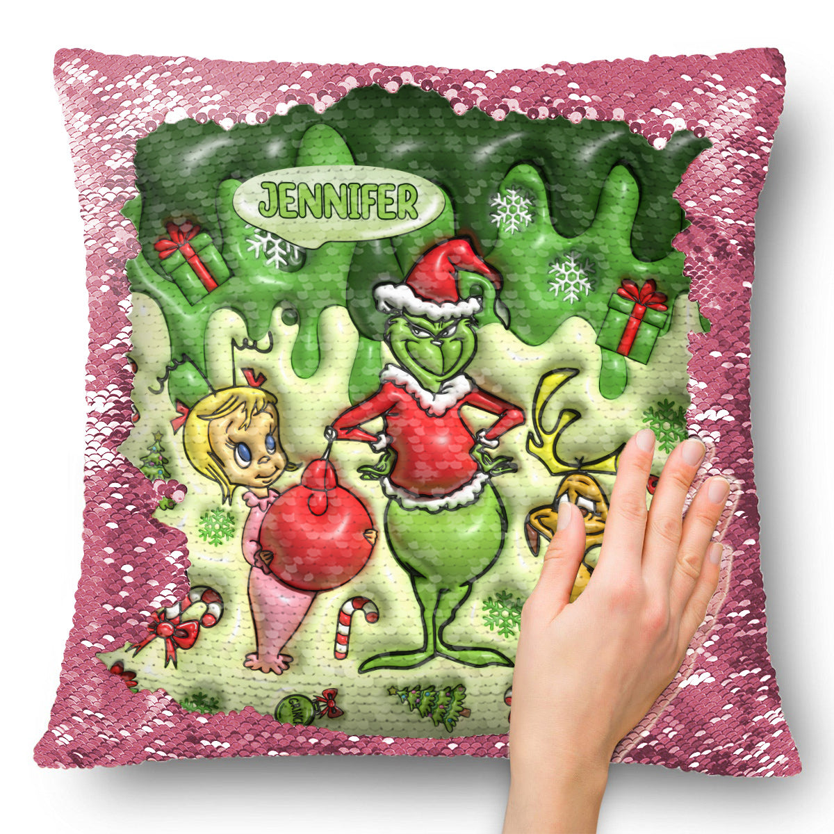 Joyeux Noël Green Mischief - Housse de coussin personnalisée à sequins en forme d'étole de Noël