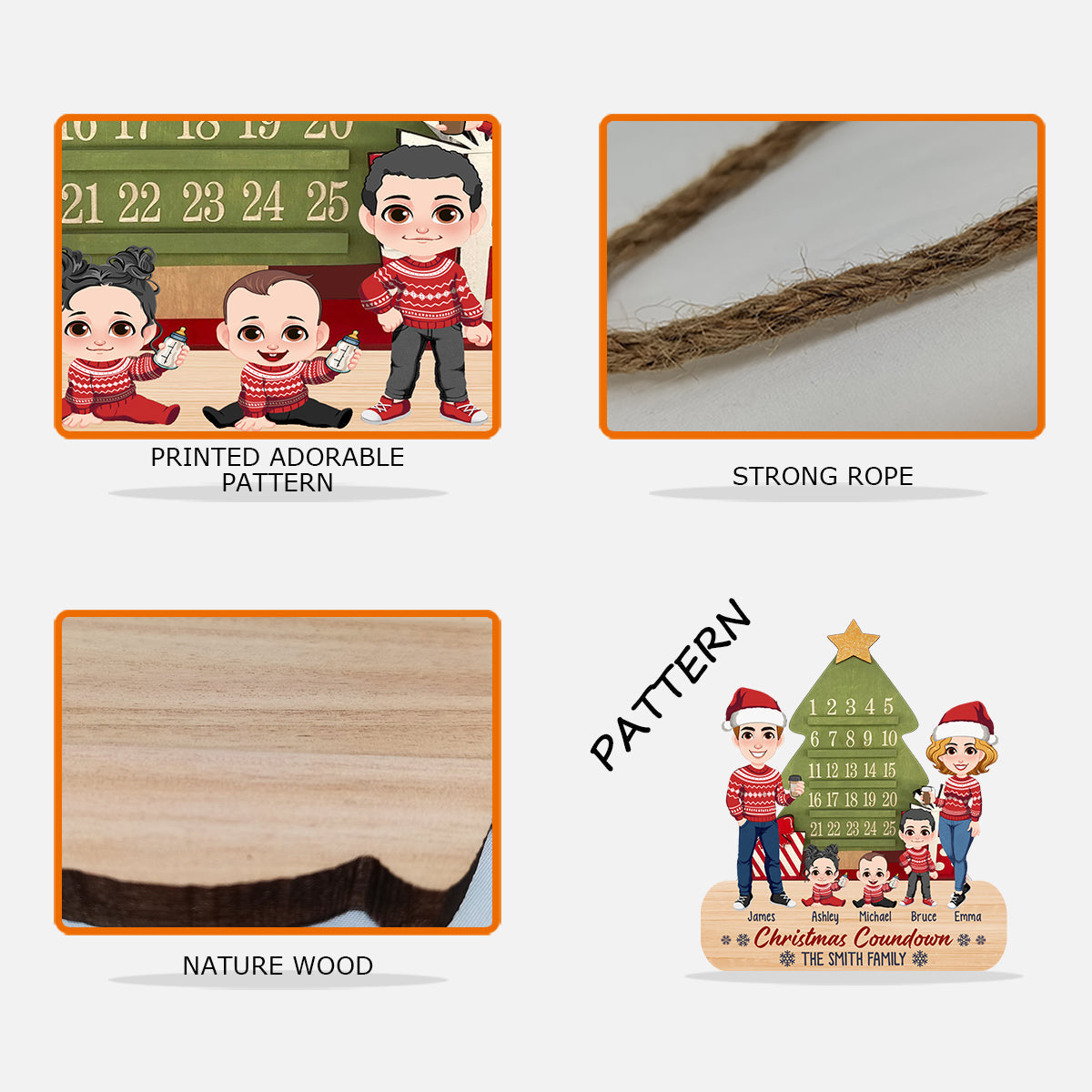 Compte à rebours de Noël en famille - Panneau en bois personnalisé pour la famille