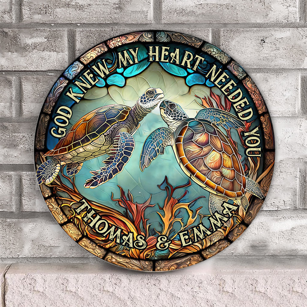 Couple de tortues en vitrail - Cadeau tortue pour mari, femme, petit ami, petite amie - Panneau rond en bois personnalisé