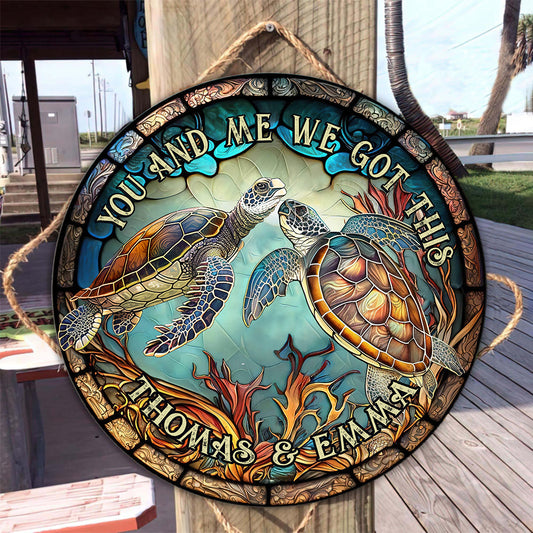 Couple de tortues en vitrail - Cadeau tortue pour mari, femme, petit ami, petite amie - Panneau rond en bois personnalisé