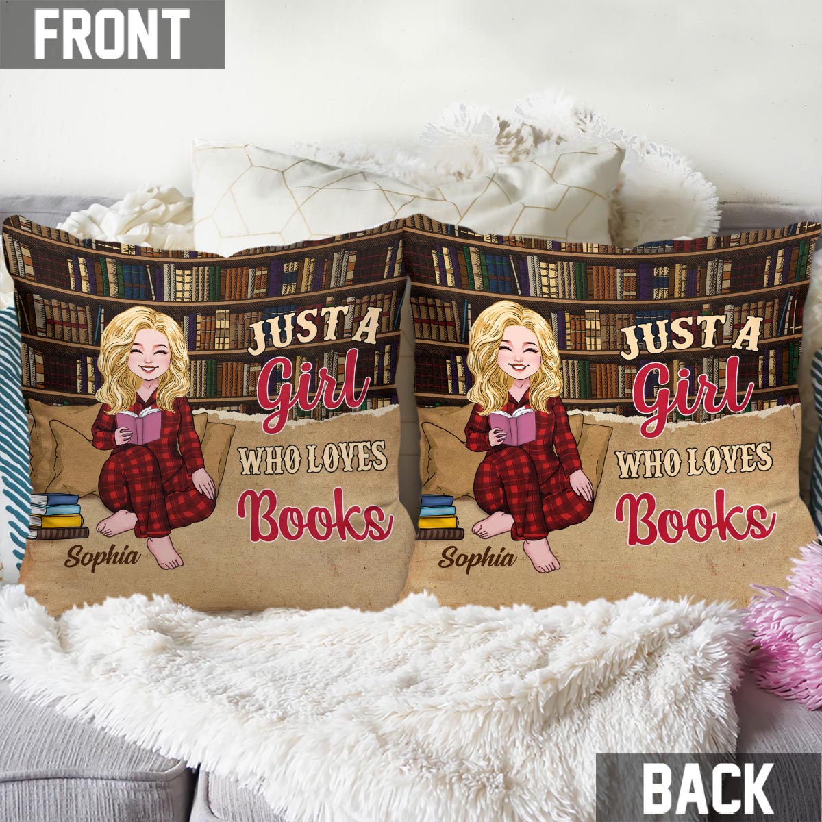 Coussin décoratif personnalisé « Juste une fille qui aime les livres »