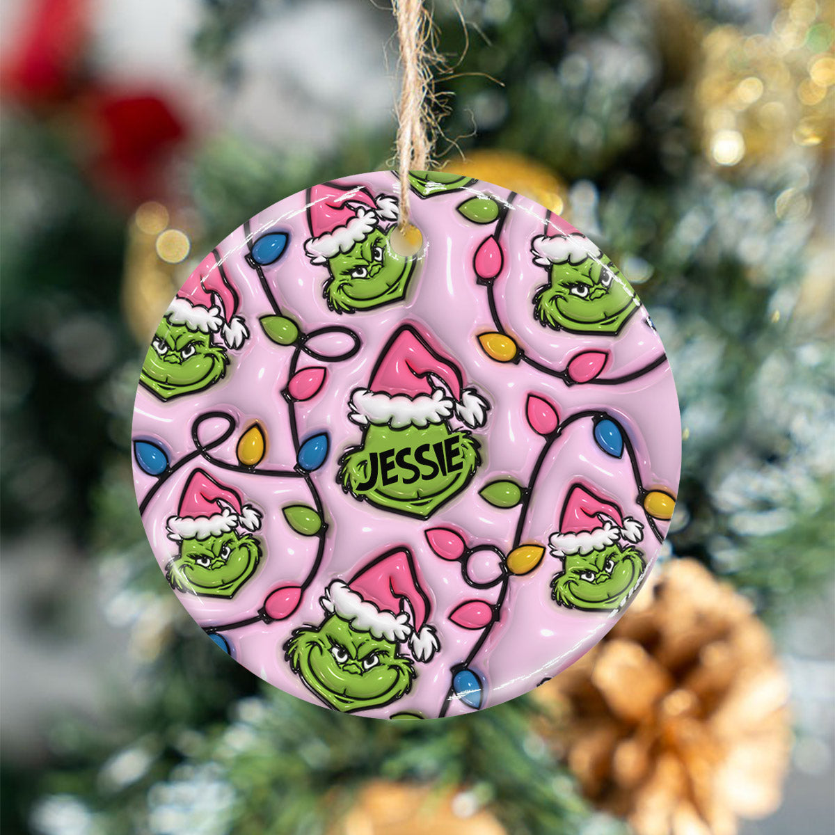 Vert et rose - Ornement rond en céramique personnalisé pour Noël - Étole