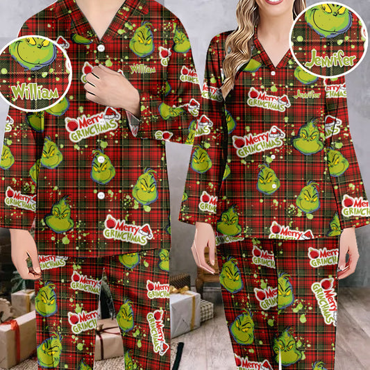 Joyeux Grinchmas - Pyjama de Noël personnalisé avec étole et boutons