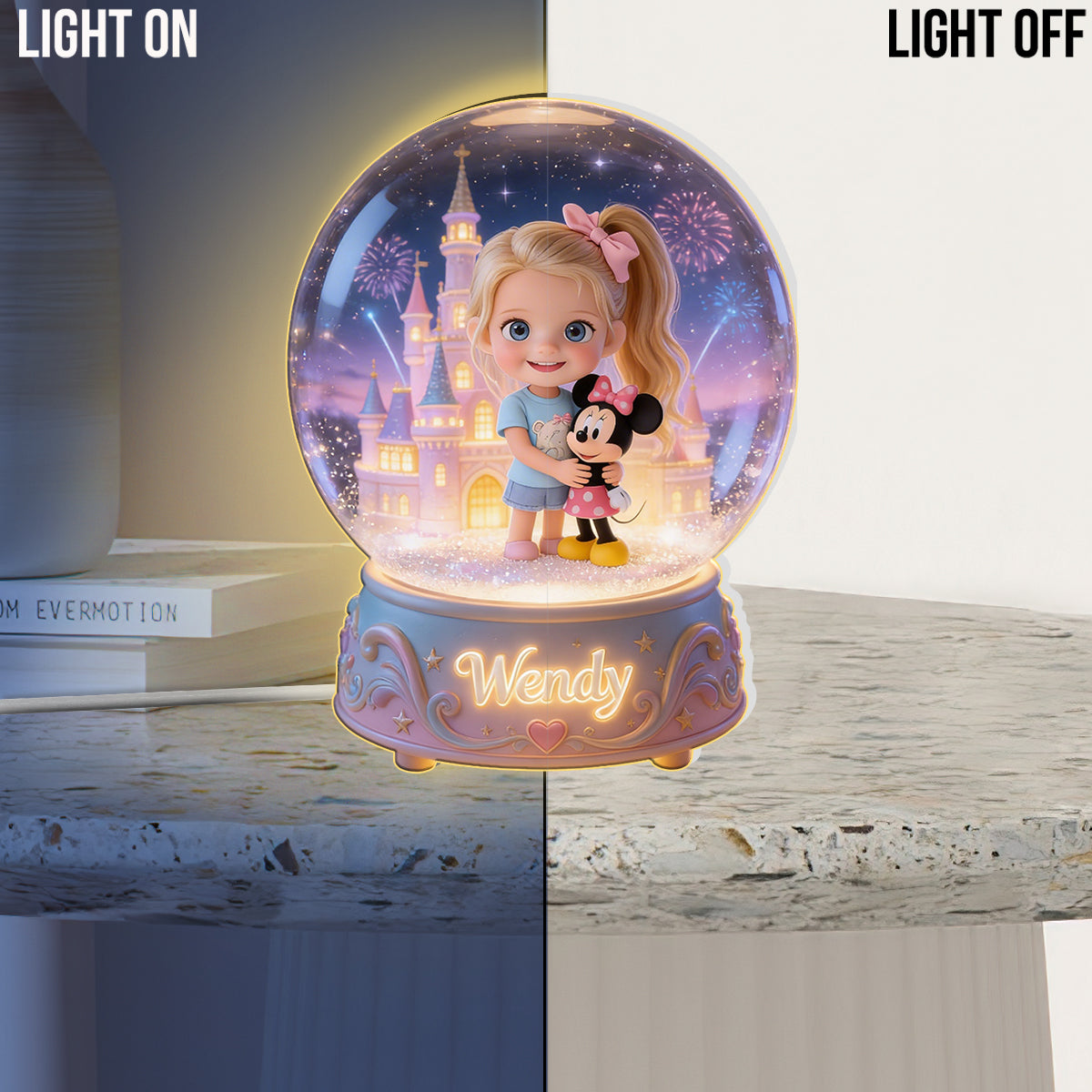Custom Any Photo Magical Friends - Personalized Little Girl with Ponytail and Pink Bow Acrylic LED Night Light