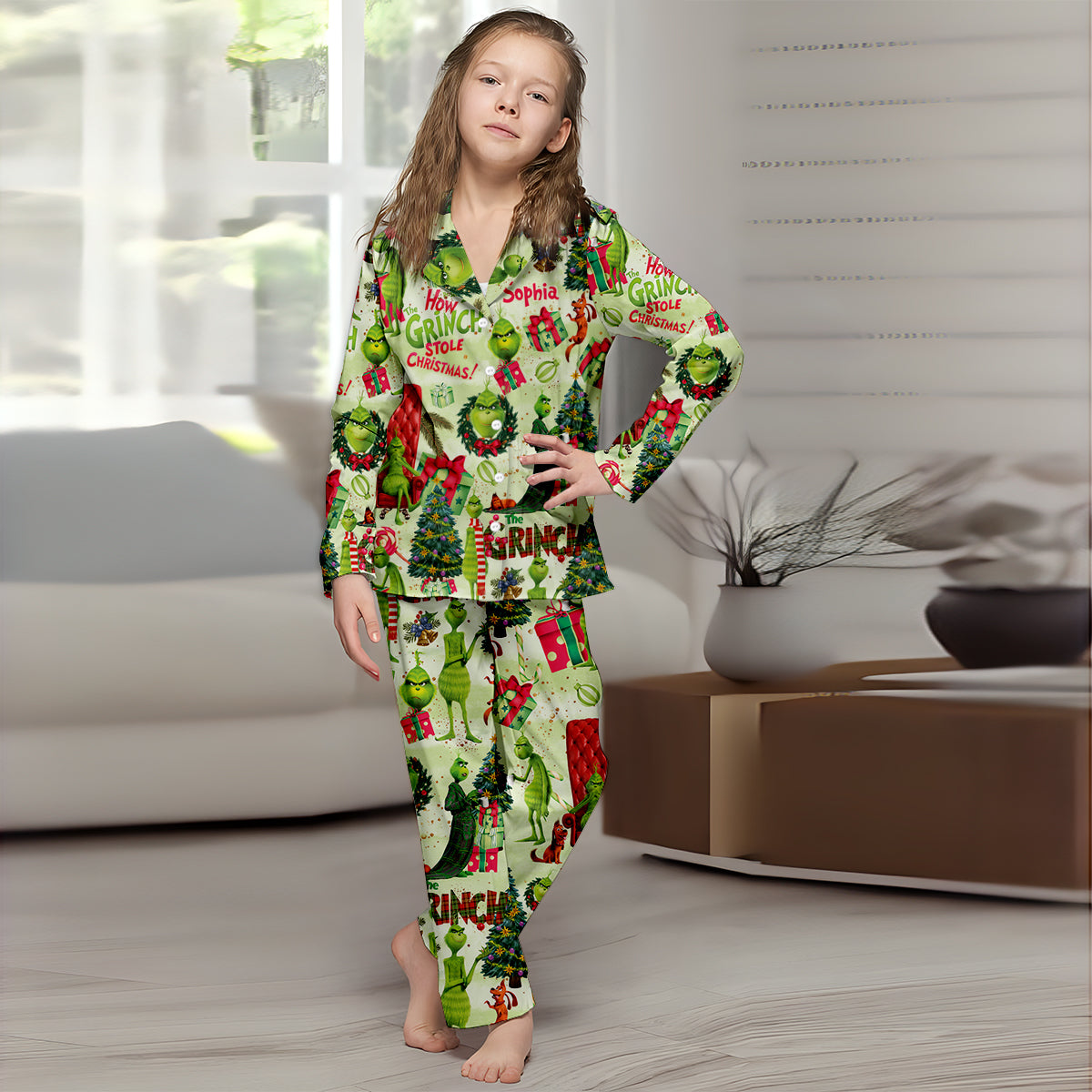 Green Christmas - Personalized Stole Christmas Button Down Pajamas