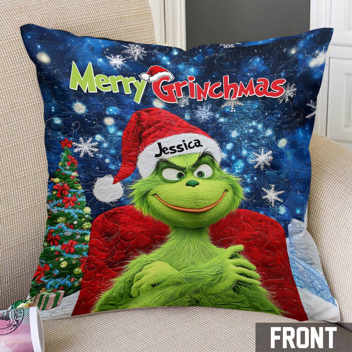 Joyeux Grinchmas - Coussin décoratif de Noël personnalisé avec étole