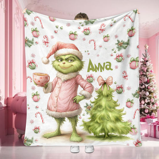 Étole de Noël personnalisée rose Grinchy et verte - Couverture de Noël