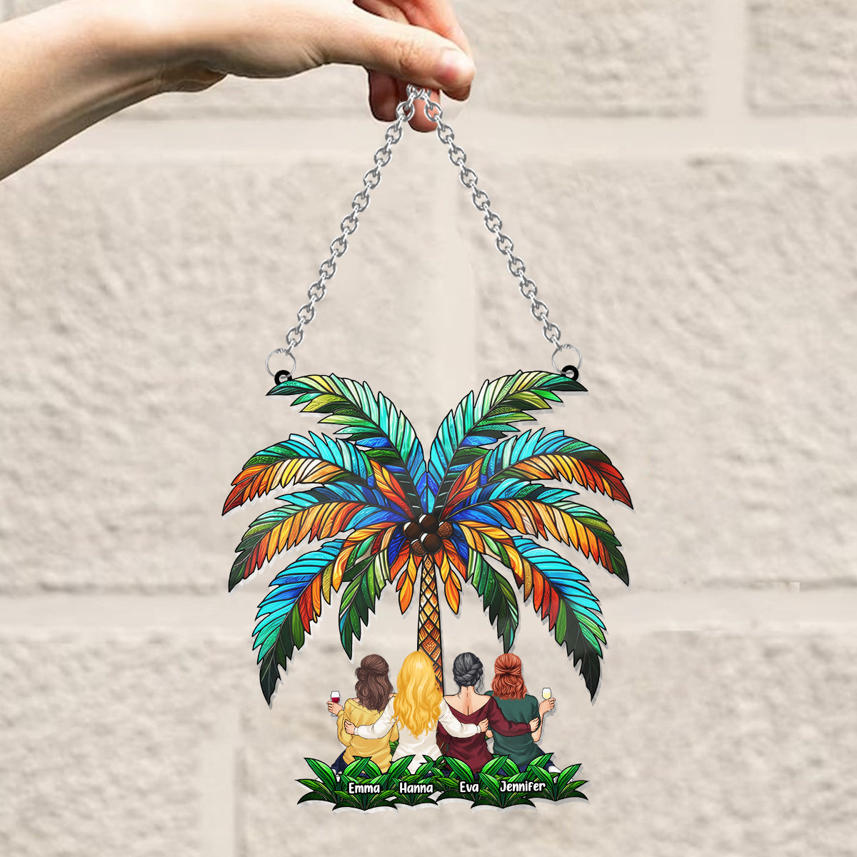 Besties Under The Palm Tree - Personalized Bestie Window Hanging Suncatcher Ornament
