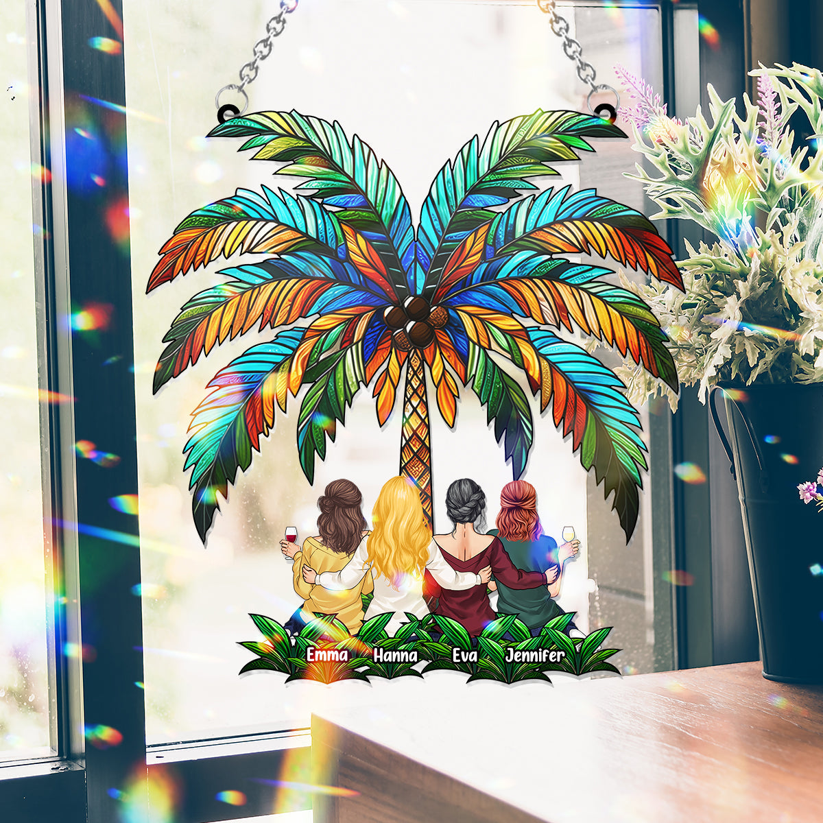 Besties Under The Palm Tree - Personalized Bestie Window Hanging Suncatcher Ornament