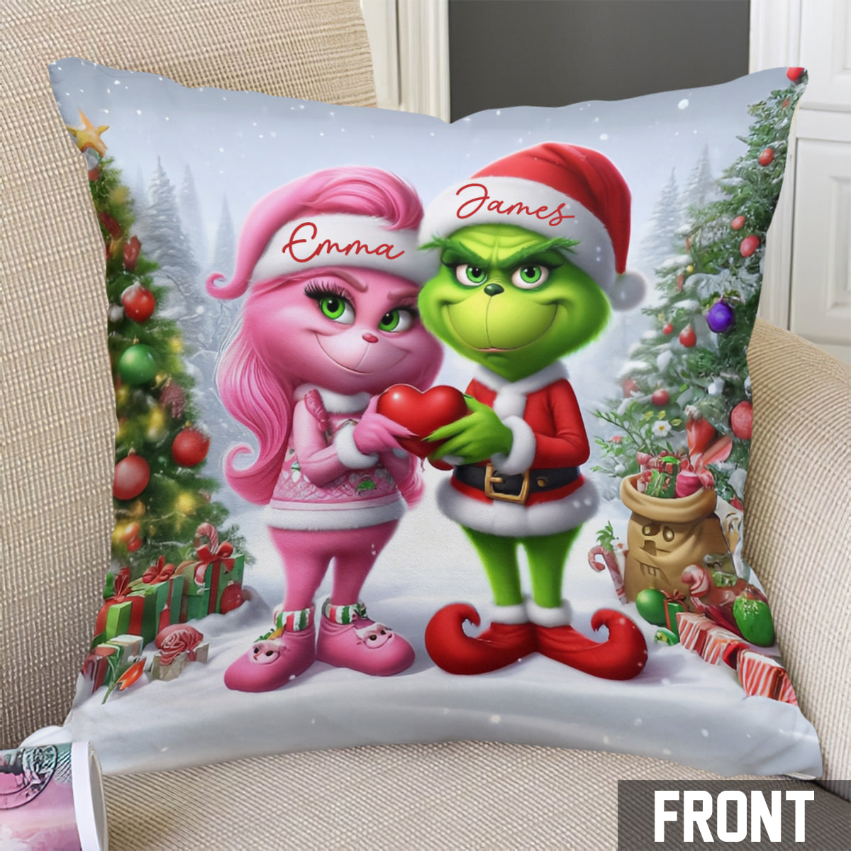 Joyeux Grinchmas - Coussin décoratif de Noël personnalisé avec étole