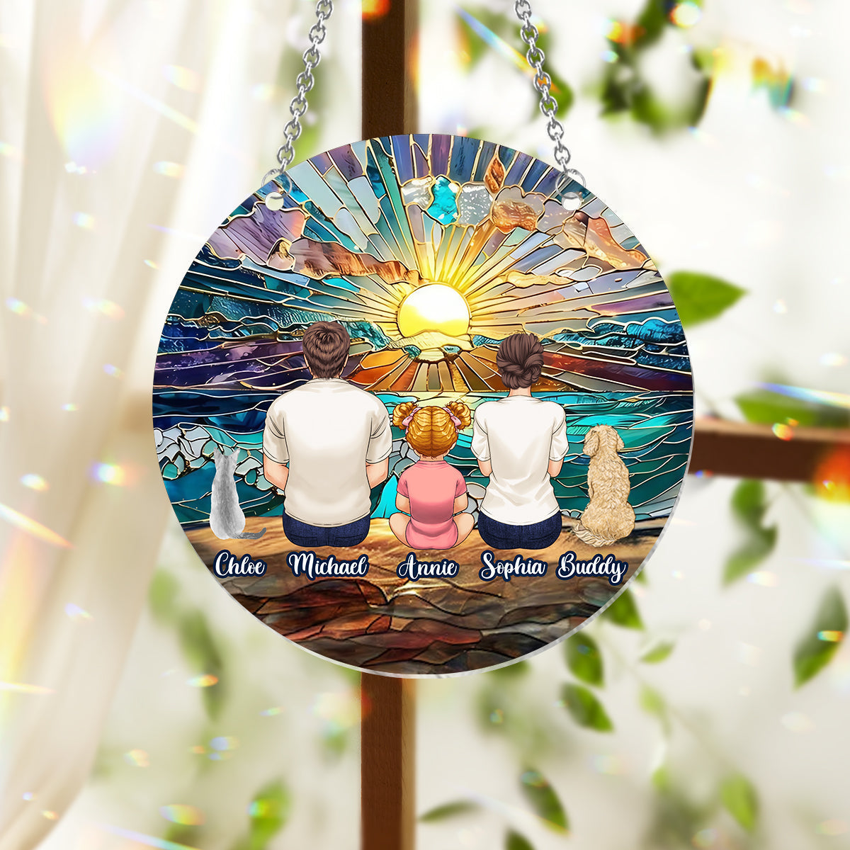 Couple heureux profitant d'une plage romantique - Décoration attrape-soleil personnalisée à suspendre à la fenêtre - Famille 