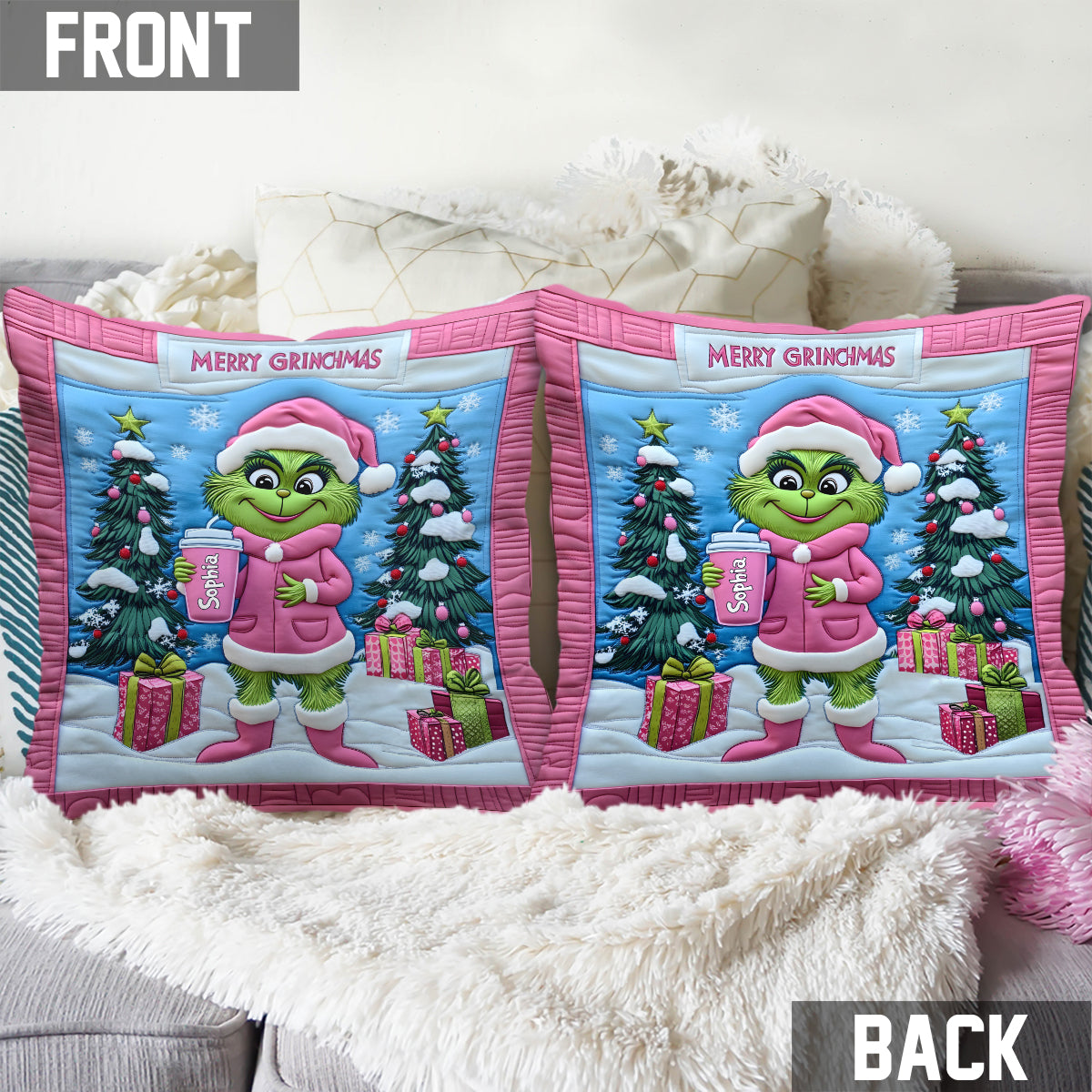 Coussin décoratif de Noël personnalisé Grinchy Green Lady - Étole