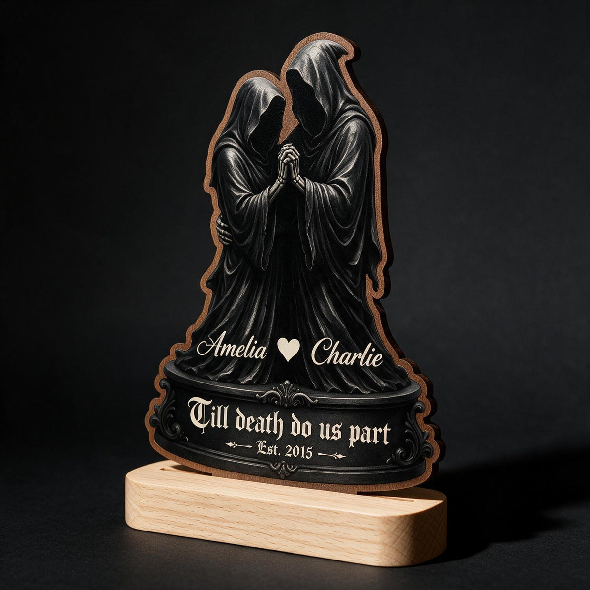 Personalized Grim Reaper Couple 2-Layer Wooden Plaque - Till Death Gothic Halloween Anniversary Gift for Dark Romance Fans